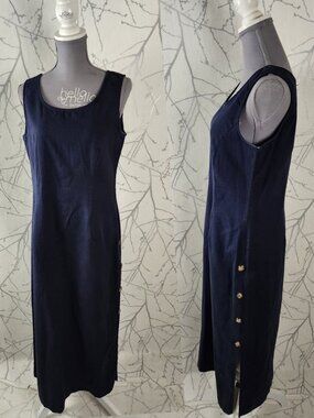 Style My Way Navy Cotton Linen Round Neck Button Long Dress